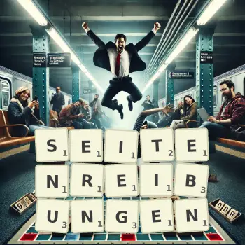 Kreative Illustration für ein Scrabble-Spiel, bei dem das Wort SEITENREIBUNGEN mit Steinen auf dem Brett gelegt wurde.