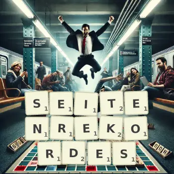 Kreative Illustration für ein Scrabble-Spiel, bei dem das Wort SEITENREKORDES mit Steinen auf dem Brett gelegt wurde.