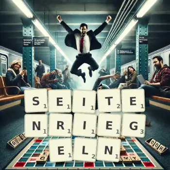 Kreative Illustration für ein Scrabble-Spiel, bei dem das Wort SEITENRIEGELN mit Steinen auf dem Brett gelegt wurde.