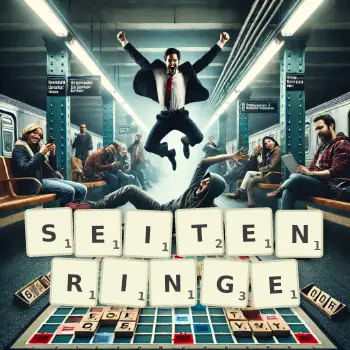 Kreative Illustration für ein Scrabble-Spiel, bei dem das Wort SEITENRINGE mit Steinen auf dem Brett gelegt wurde.