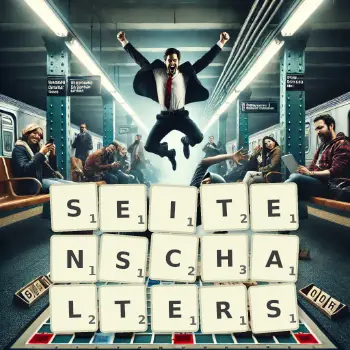 Kreative Illustration für ein Scrabble-Spiel, bei dem das Wort SEITENSCHALTERS mit Steinen auf dem Brett gelegt wurde.