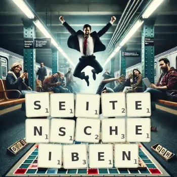 Kreative Illustration für ein Scrabble-Spiel, bei dem das Wort SEITENSCHEIBEN mit Steinen auf dem Brett gelegt wurde.