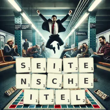 Kreative Illustration für ein Scrabble-Spiel, bei dem das Wort SEITENSCHEITEL mit Steinen auf dem Brett gelegt wurde.