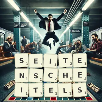 Kreative Illustration für ein Scrabble-Spiel, bei dem das Wort SEITENSCHEITELS mit Steinen auf dem Brett gelegt wurde.