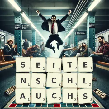 Kreative Illustration für ein Scrabble-Spiel, bei dem das Wort SEITENSCHLAUCHS mit Steinen auf dem Brett gelegt wurde.