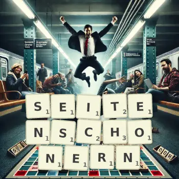 Kreative Illustration für ein Scrabble-Spiel, bei dem das Wort SEITENSCHONERN mit Steinen auf dem Brett gelegt wurde.