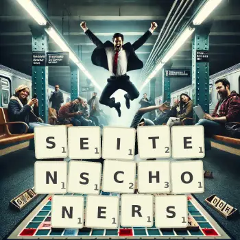 Kreative Illustration für ein Scrabble-Spiel, bei dem das Wort SEITENSCHONERS mit Steinen auf dem Brett gelegt wurde.
