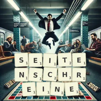 Kreative Illustration für ein Scrabble-Spiel, bei dem das Wort SEITENSCHREINE mit Steinen auf dem Brett gelegt wurde.