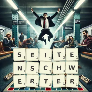 Kreative Illustration für ein Scrabble-Spiel, bei dem das Wort SEITENSCHWERTER mit Steinen auf dem Brett gelegt wurde.