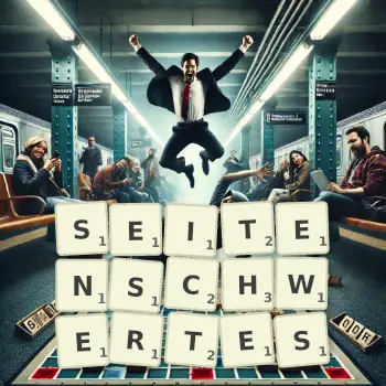 Kreative Illustration für ein Scrabble-Spiel, bei dem das Wort SEITENSCHWERTES mit Steinen auf dem Brett gelegt wurde.