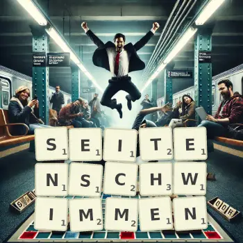 Kreative Illustration für ein Scrabble-Spiel, bei dem das Wort SEITENSCHWIMMEN mit Steinen auf dem Brett gelegt wurde.