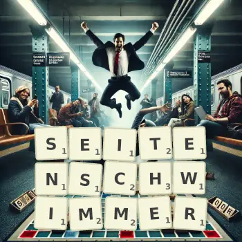 Kreative Illustration für ein Scrabble-Spiel, bei dem das Wort SEITENSCHWIMMER mit Steinen auf dem Brett gelegt wurde.