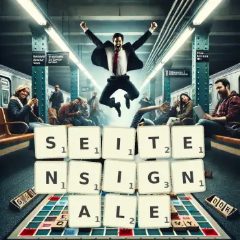 Kreative Illustration für ein Scrabble-Spiel, bei dem das Wort SEITENSIGNALE mit Steinen auf dem Brett gelegt wurde.