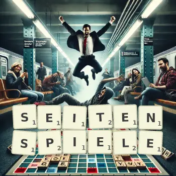 Kreative Illustration für ein Scrabble-Spiel, bei dem das Wort SEITENSPIELE mit Steinen auf dem Brett gelegt wurde.