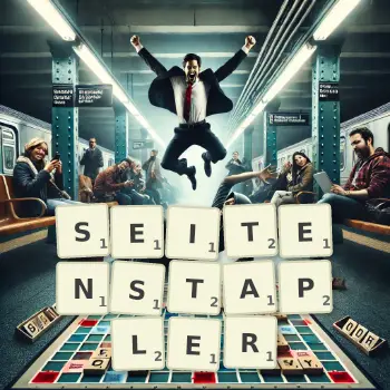 Kreative Illustration für ein Scrabble-Spiel, bei dem das Wort SEITENSTAPLER mit Steinen auf dem Brett gelegt wurde.