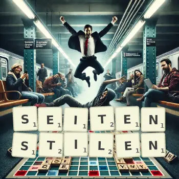 Kreative Illustration für ein Scrabble-Spiel, bei dem das Wort SEITENSTILEN mit Steinen auf dem Brett gelegt wurde.