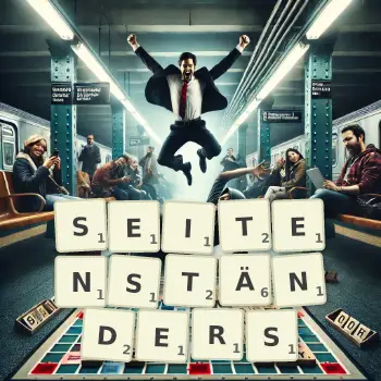 Kreative Illustration für ein Scrabble-Spiel, bei dem das Wort SEITENSTÄNDERS mit Steinen auf dem Brett gelegt wurde.