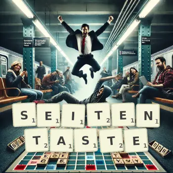 Kreative Illustration für ein Scrabble-Spiel, bei dem das Wort SEITENTASTE mit Steinen auf dem Brett gelegt wurde.