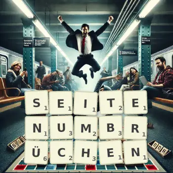 Kreative Illustration für ein Scrabble-Spiel, bei dem das Wort SEITENUMBRÜCHEN mit Steinen auf dem Brett gelegt wurde.