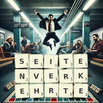 Kreative Illustration für ein Scrabble-Spiel, bei dem das Wort SEITENVERKEHRTE mit Steinen auf dem Brett gelegt wurde.