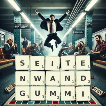 Kreative Illustration für ein Scrabble-Spiel, bei dem das Wort SEITENWANDGUMMI mit Steinen auf dem Brett gelegt wurde.