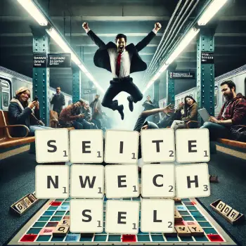 Kreative Illustration für ein Scrabble-Spiel, bei dem das Wort SEITENWECHSEL mit Steinen auf dem Brett gelegt wurde.
