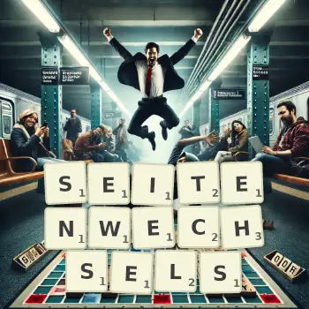 Kreative Illustration für ein Scrabble-Spiel, bei dem das Wort SEITENWECHSELS mit Steinen auf dem Brett gelegt wurde.
