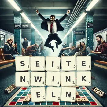 Kreative Illustration für ein Scrabble-Spiel, bei dem das Wort SEITENWINKELN mit Steinen auf dem Brett gelegt wurde.