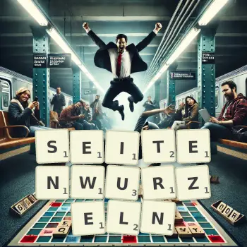 Kreative Illustration für ein Scrabble-Spiel, bei dem das Wort SEITENWURZELN mit Steinen auf dem Brett gelegt wurde.