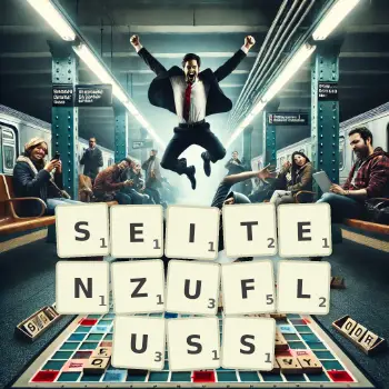 Kreative Illustration für ein Scrabble-Spiel, bei dem das Wort SEITENZUFLUSS mit Steinen auf dem Brett gelegt wurde.