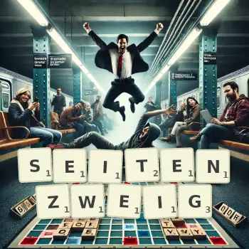 Kreative Illustration für ein Scrabble-Spiel, bei dem das Wort SEITENZWEIG mit Steinen auf dem Brett gelegt wurde.