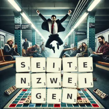 Kreative Illustration für ein Scrabble-Spiel, bei dem das Wort SEITENZWEIGEN mit Steinen auf dem Brett gelegt wurde.