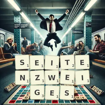 Kreative Illustration für ein Scrabble-Spiel, bei dem das Wort SEITENZWEIGES mit Steinen auf dem Brett gelegt wurde.