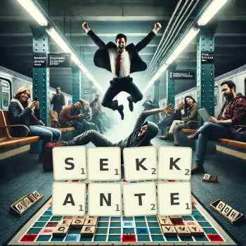 Kreative Illustration für ein Scrabble-Spiel, bei dem das Wort SEKKANTE mit Steinen auf dem Brett gelegt wurde.