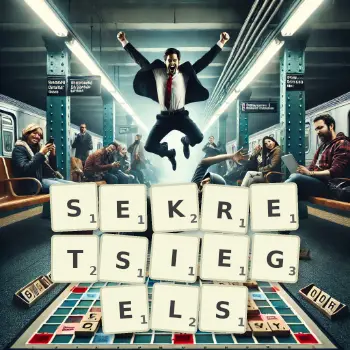 Kreative Illustration für ein Scrabble-Spiel, bei dem das Wort SEKRETSIEGELS mit Steinen auf dem Brett gelegt wurde.