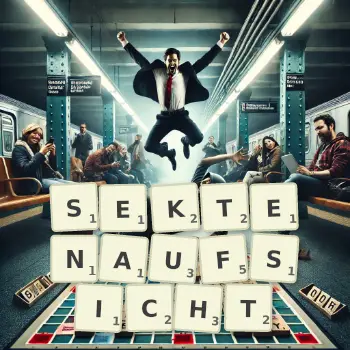 Kreative Illustration für ein Scrabble-Spiel, bei dem das Wort SEKTENAUFSICHT mit Steinen auf dem Brett gelegt wurde.