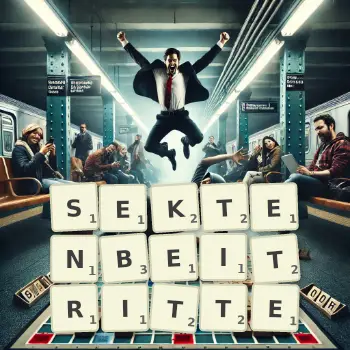 Kreative Illustration für ein Scrabble-Spiel, bei dem das Wort SEKTENBEITRITTE mit Steinen auf dem Brett gelegt wurde.
