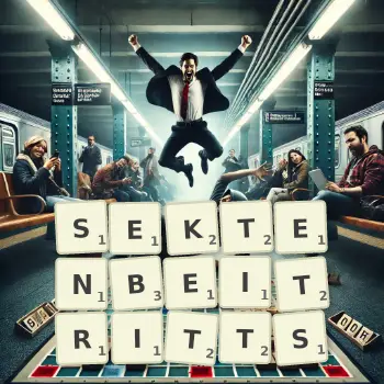 Kreative Illustration für ein Scrabble-Spiel, bei dem das Wort SEKTENBEITRITTS mit Steinen auf dem Brett gelegt wurde.