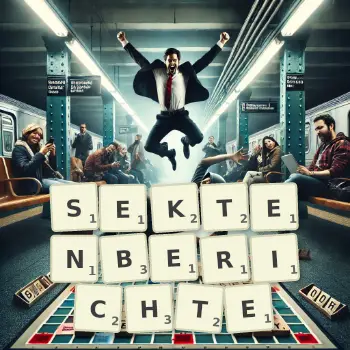 Kreative Illustration für ein Scrabble-Spiel, bei dem das Wort SEKTENBERICHTE mit Steinen auf dem Brett gelegt wurde.
