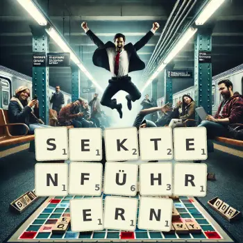 Kreative Illustration für ein Scrabble-Spiel, bei dem das Wort SEKTENFÜHRERN mit Steinen auf dem Brett gelegt wurde.