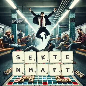 Kreative Illustration für ein Scrabble-Spiel, bei dem das Wort SEKTENHAFT mit Steinen auf dem Brett gelegt wurde.