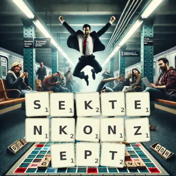 Kreative Illustration für ein Scrabble-Spiel, bei dem das Wort SEKTENKONZEPT mit Steinen auf dem Brett gelegt wurde.