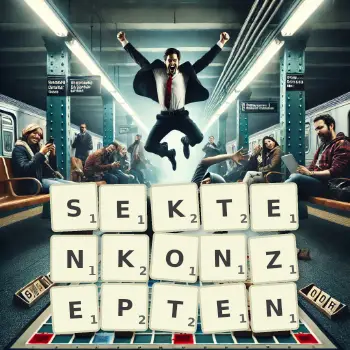 Kreative Illustration für ein Scrabble-Spiel, bei dem das Wort SEKTENKONZEPTEN mit Steinen auf dem Brett gelegt wurde.