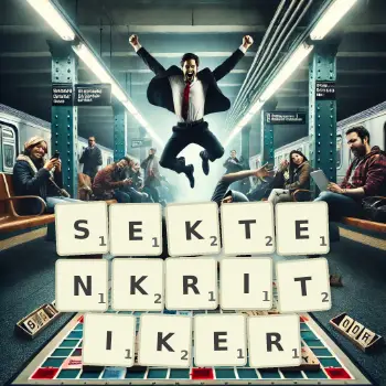Kreative Illustration für ein Scrabble-Spiel, bei dem das Wort SEKTENKRITIKER mit Steinen auf dem Brett gelegt wurde.