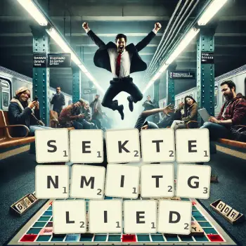 Kreative Illustration für ein Scrabble-Spiel, bei dem das Wort SEKTENMITGLIED mit Steinen auf dem Brett gelegt wurde.