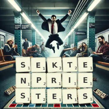 Kreative Illustration für ein Scrabble-Spiel, bei dem das Wort SEKTENPRIESTERS mit Steinen auf dem Brett gelegt wurde.