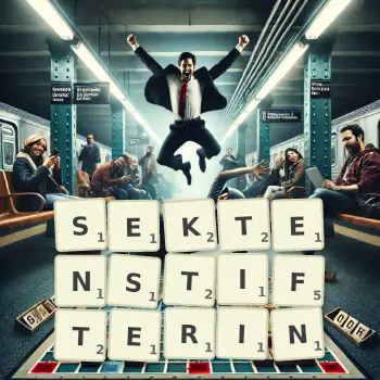 Kreative Illustration für ein Scrabble-Spiel, bei dem das Wort SEKTENSTIFTERIN mit Steinen auf dem Brett gelegt wurde.