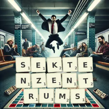 Kreative Illustration für ein Scrabble-Spiel, bei dem das Wort SEKTENZENTRUMS mit Steinen auf dem Brett gelegt wurde.