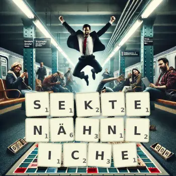 Kreative Illustration für ein Scrabble-Spiel, bei dem das Wort SEKTENÄHNLICHE mit Steinen auf dem Brett gelegt wurde.