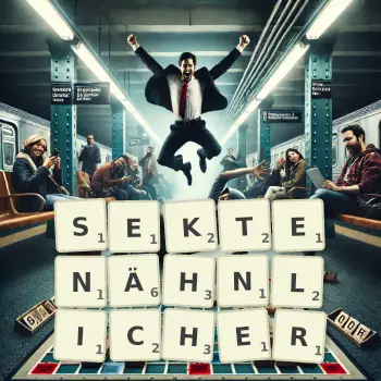 Kreative Illustration für ein Scrabble-Spiel, bei dem das Wort SEKTENÄHNLICHER mit Steinen auf dem Brett gelegt wurde.